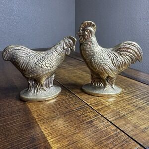Pair Of Vintage Chicken Figurines Heavy Brass Hen Rooster Korea